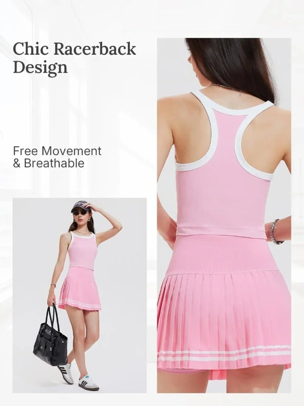 Women's Light Pink 2 Piece Racer Back Tennis Skirt Tank Top Pull On Golf Dress